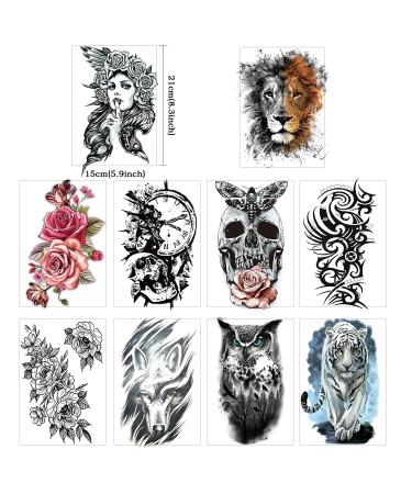 Hotoyannia 62 Sheets Black Large-Size Temporary Tattoos Stickers for Women Men and Girl - 10 Realistic and Long-Lasting Halloween Tattoos with Scary Wolf Lion Tiger Skeleton Skul - Buy Online on GoSupps.com
