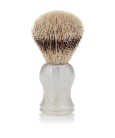 Shaving brush made of marbled curved plastic with silver plucking