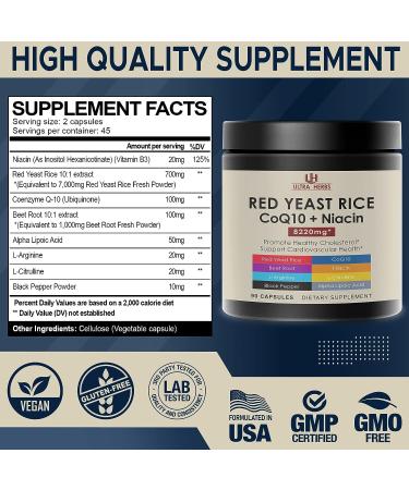 Ultra Red Yeast Rice 7000mg CoQ10 100mg Beet Root 1000mg - Heart Health Support with Niacin, L-Arginine, and L-Citrulline - 90 Count - Buy Online on GoSupps.com