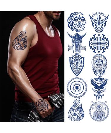 10 Sheets Aztec and Viking Style Temporary Tattoo for Men  Fake Tattoos for the Back of Hands and Forearms  Cool Bule Half Sleeve Temporary Tattoo A-1