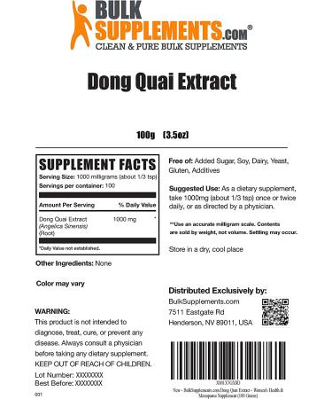 Dong Quai Root Extract 1000mg - Phytoestrogen Supplement for Women - Angelica Root Extract - 100g (3.5oz) - BulkSupplements.com - Buy Online on GoSupps.com