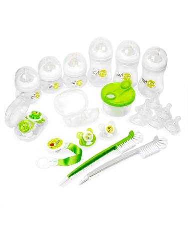 Avima Newborn Baby Bottle Starter Set. Anti-Colic Wide Neck Bottles with Slow and Medium Flow Nipples. 22 Piece Set