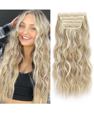 ALXNAN Clip in Long Wavy Synthetic Hair Extension 20 Inch Beach Blonde 4PCS Thick Hairpieces Fiber Double Weft Hair for Women