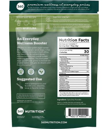 360 Nutrition Spirulina Powder - Vegan, Non GMO, Rich in Vitamin A, B Vitamins, Iron, Protein & Amino Acids - Caffeine Free Energy, Digestive Health, Immune Support - 6g Plant Based Protein - 2 oz - Buy Online on GoSupps.com