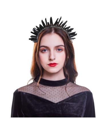 Raw Crystal Quartz Crown Headband - HAIMEIKANG Handmade Tiara Natural Stone Headband for Woman Wedding and Parties (Black)