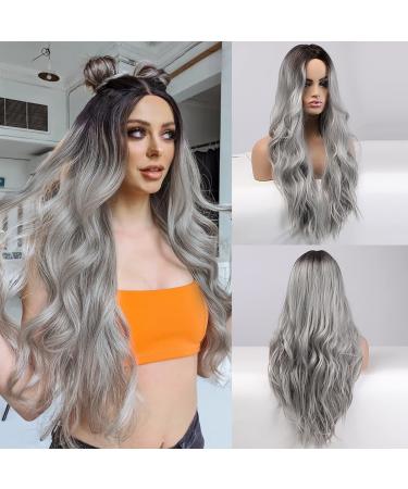 Long Gray Wig for Women Ombre Silver Grey Wigs Middle Part Wavy Cosplay Wig Synthetic Heat Resistant Pelucas for Daily Party Use(Ombre Grey, 26 Inch) - Buy Online on GoSupps.com
