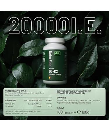Vitamin D3 K2 Capsules - 20000 I.U. + 200 MCG K2 MK7 - 180 Vegetarian Capsules Additive-Free Made in Germany - Buy Online on GoSupps.com