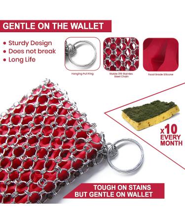 Zylark 316 Cast Iron Scrubber Chainmail + Bamboo Towel - Red CIS with Silicone Insert - Skillet Cleaner for Cast Iron Cookware - Buy Online on GoSupps.com