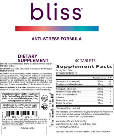 Bliss Herbal Stress Support Adaptogenic Tablets with Ashwagandha Rhodiola & L-Theanine Promotes Calm Mood Balance & Mental Clarity Vegan & Gluten-Free 60 Tablets - Buy Online on GoSupps.com