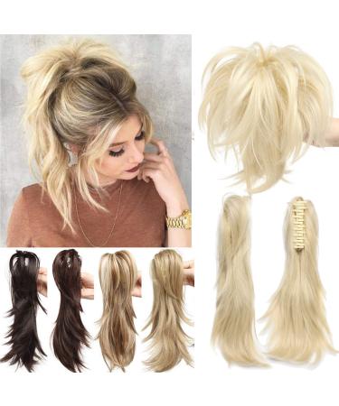 Adjustable Messy Ponytail Hair Extension Synthetic Hairpiece with Jaw Claw Fluffy Hair Extension Customizable Updo Style 12 inch Bleach Blonde