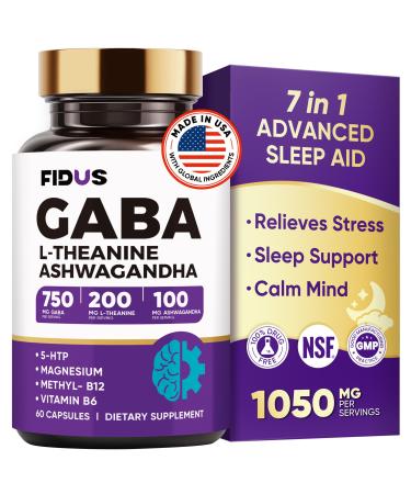 1050mg GABA L-Theanine Ashwagandha - Made in USA - Advanced Sleep Aid & Calm- Magnesium, 5-HTP, Vitamin B6 & B12, GABA (Gamma Aminobutyric Acid) Supplement - Melatonin-Free & Non-Habit Forming 60 Count (Pack of 1)
