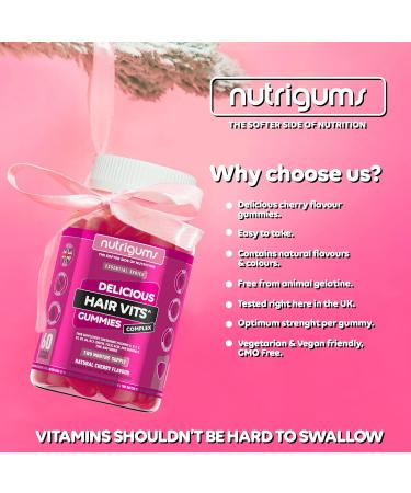 Biotin Complex Gummy Hair Vitamin | 60 Vegan Cherry Flavour Gummies | Multivitamin Supplement with Biotin, Vitamin C, Folic Acid & Zinc for Healthy Hair Growth | NUTRIGUMS - Buy Online on GoSupps.com