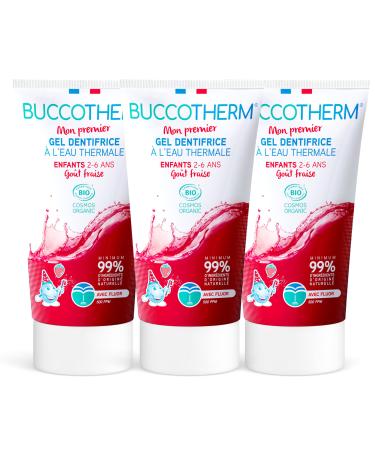 BUCCOTHERM | [Child Protection Toothpaste Gel 2/6 years] | Fights cavities | Strawberry flavor – Sugar-free | Certified organic | 100% natural ingredients | Pack of 3x50 ml
