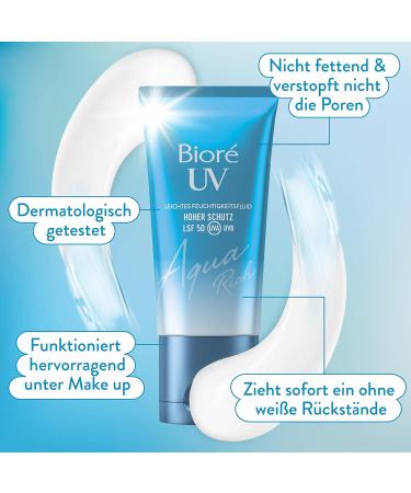 BIORE Aqua Rich UV - SPF 50 Light Moisture Fluid for Face - Non-Greasy UVA/UVB Sun Protection Ideal Under Makeup - 50ml - Buy Online on GoSupps.com