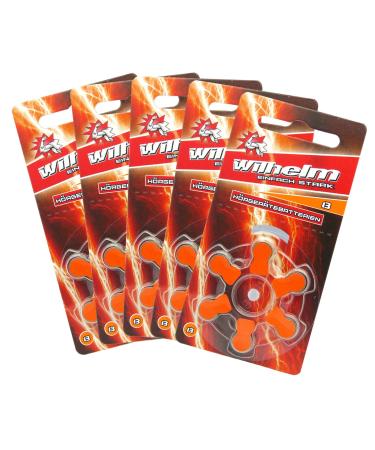 30 x WILHELM hearing aid batteries type 13 orange Hearing aid battery PR48 ZL2 1.4/1.45 V 30 batteries type 13 - orange
