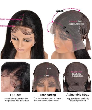 16 Inch 13X6 HD Lace Front Human Hair Wig for Black Women - 180 Density Straight Brazilian Virgin Hair, Transparent Glueless Lace Frontal Wig Pre Plucked with Baby Hair - Buy Online on GoSupps.com