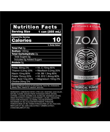ZOA Sugar Free Tropical Punch Energy Drink - 12 Pack | Healthy Energy with B Vitamins & Amino Acids - Buy Online on GoSupps.com