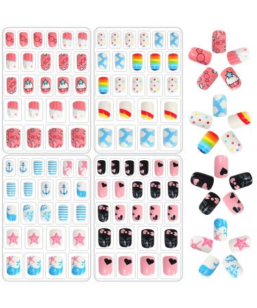 96 Pcs Kids Fake Nails Press on Nails for Girls Pre-glue Full Cover Short False Nails Children Nails Lovely Gift for Children(Refreshing and Cute)