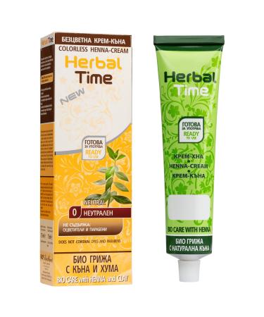 Herbal Time Henna Natural Color Cream | Henna Coloring Cream with Nettle Extract | Gray Cover | Temporary Color Dye Cream | Ammonia Free Sulfates Free Parabens Free | Without Colour 0 | 75ml