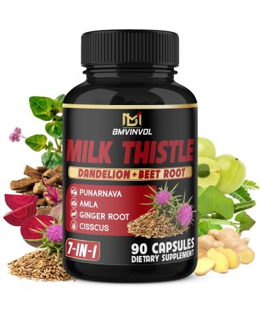 BMVINVOL Milk Thistle Capsules with Beet Root Punarnava Amla Ginger Dandelion Cissus - 90 Count - 3 Month Supply