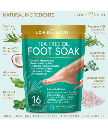 LOVE LORI Tea Tree Oil Epsom Salt Foot Soak 16oz Pedicure & Spa Soaking Salts for Dry Cracked Feet Natural Essential Oils - Buy Online on GoSupps.com