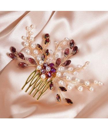 Xerling Wedding Hair Comb Red Crystal Hair Accessories for Bride Bridal Ruby Rhinestone Headpiece Vintage Pearl Hair Comb Head Jewelry for Women (Red)
