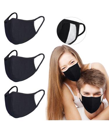 Pack 3 Black Cloth Dust Mouth Mask - 3 Layers All Cotton - Reusable Washable Comfy Breathable Material 3 Layers 100% Cotton