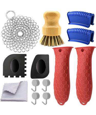 13 Pieces Hot Handle Holder Silicone Set, Cast Iron Cleaner Kit Chainmail with Bamboo Scrub Brush, Grill Pan Scraper Tool, Heat Resistant Skillet Assisit Handle Grips