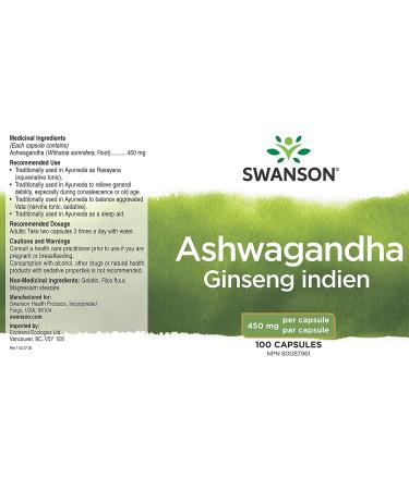 Swanson Ashwagandha Powder Supplement - Stress Relief & Energy Support - 100 Capsules, 450mg - Ayurvedic Wellness - Buy Online on GoSupps.com