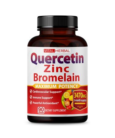 Premium High Purity Quercetin 98% with Bromelain Capsules Equivalent to 3470 mg - Maximum Potency with Green Tea Ashwagandha - Supports Overall Health Strength Energy - 90 Days Supply 90 counts