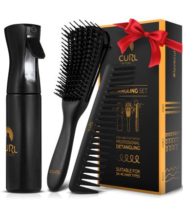 3pcs Detangling Comb and Brush Set for Curly Hair - Spray Bottle Continuous Mist 10oz  Wide Tooth Comb for Curly Hair and Brush Detangler for Natural Black Hair - Women/Men/Kids with 2a-4c Hair Type (Complete Set)
