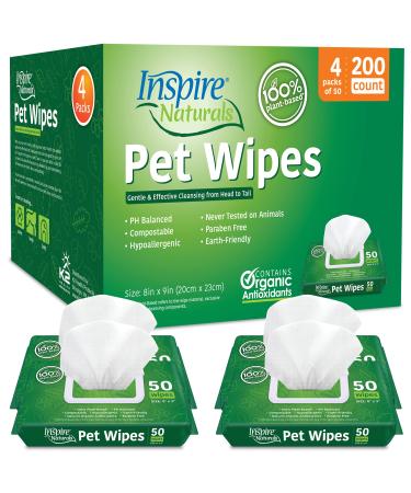 Inspire Naturals Pet Wipes 100% Natural Plant Based with Organic Antioxidants, Dog Wipes Cleaning Deodorizing Cat Wipes | Dog Bath Dog Ear Wipes | Dog Wipes for Paws and Butt 200ct - 4 pack