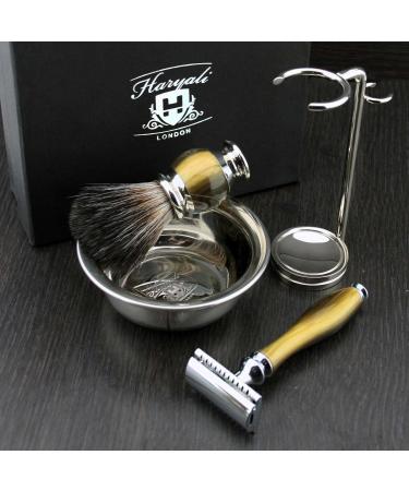 Premium HARYALI LONDON Men's Shaving Set - Simulated Horn & Nickel | Safety Razor & Synthetic Brush | Perfect for Grooming - Buy Online on GoSupps.com