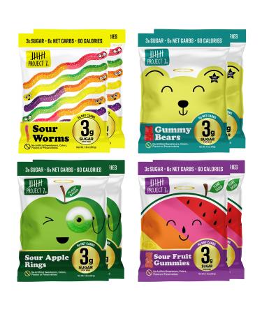 Project 7 Low Sugar Variety Pack (8 pack)  Keto-Friendly & Vegan Gummies With 3g Sugar & 6g Net Carbs  Low Calorie Snacks (60)  No Sugar Alcohols, No Artificial Sweeteners or Colors