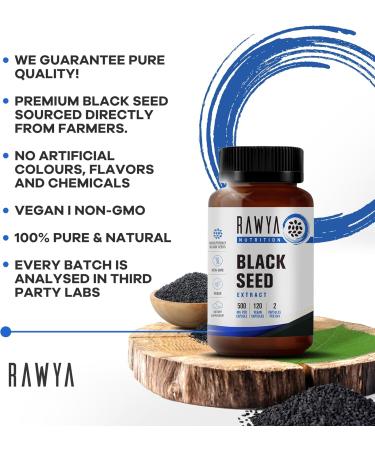 RAWYA Nutrition Black Seed Extract Nigella Sativa Black Cumin Seed Powder 500 mg Each Promotes Wellness Flexibility and Radiant Skin Halal Vegan Pure & Natural Supplement - 120 Vegan Capsules - Buy Online on GoSupps.com