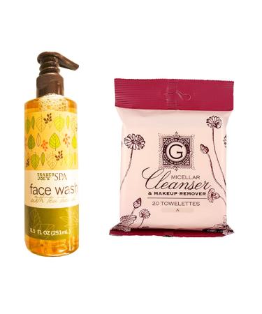 Trader Joe's SPA Face Wash with Tea Tree Oil 8.5 Oz + Trader Joe's Micellar Cleanser & Makeup Remover Two Pack Each with 20 Towelettes