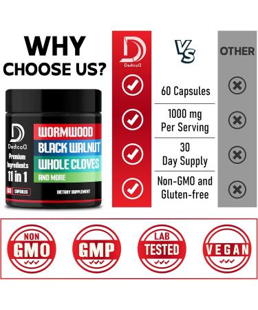 DEDICAD Wormwood Capsules Supplement - Extracted from Black Walnut, Cloves, Turmeric, Apple, Berberine HCl & More - 11 Ingredients Combined for Immune System, Body Management - 60 Capsules - Buy Online on GoSupps.com
