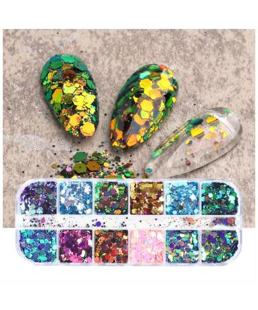 Holographic Nail Art Glitter Flakes - 12 Grids | Hexagon Sequins for Manicure Decoration - Buy Online on GoSupps.com