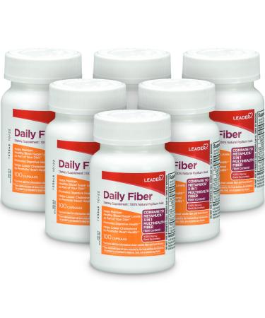 Leader Daily Psyllium Husk Powder Supplement 3-in-1 Fiber for Digestive Health Plant Based 100% Natural Compare to Metamucil Multihealth 100 Capsules Pack of 6