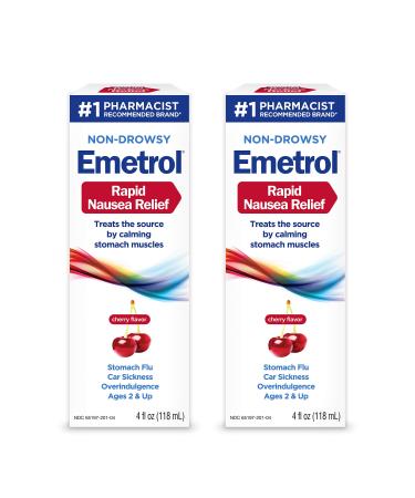 Non-Drowsy Emetrol for Nausea and Upset Stomach Relief, Pharmacist-Recommended, Cherry Flavor, 4 Fl Oz (Pack of 2)