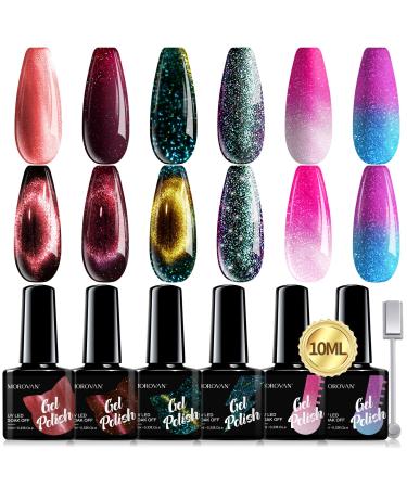 Morovan Cat-Eye Gel Nail Polish Kit - 6 Glitter 9D Magnetic Colors Changing Gel Nail Polish Set Holographic Cat-Eyes Temperature Rainbow Mood Changing Phantom Chameleon Nail Polish Kit