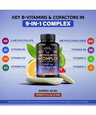 Vitamin B Complex Methylated - B-Complex with Methylfolate & B12 - Bioavailable for Men & Women - 9-in-1 Methylated Multivitamin - Energy Brain & Mood - Vegan - Made in USA - 120 Capsules One/Day - Buy Online on GoSupps.com