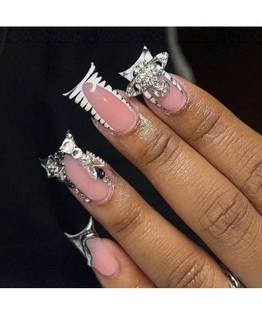 BABALAL Duck Nails Press on Black Fake Nails French Tip Glue ons Nails Star Planet Rose Charm Design Acrylic Nails 24Pcs Punk Goth Duck False Nails FNDU307punk