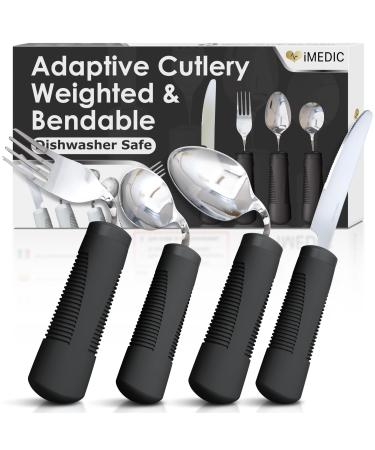 iMedic Weighted Bendable Cutlery for Disabled Hands (The Knife Does Not Bend) - Disabled Cutlery for Adults Suffering from Parkinson's and Tremors - 1 Set Black