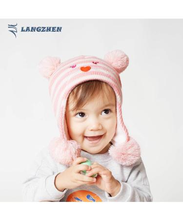 LANGZHEN Toddler Winter Hat Earflap Knit Cap for Baby Boys Girls 6-12 Months - Pink Stripe & Polar Bear Design - Fleece Lined Beanie - Buy Online on GoSupps.com