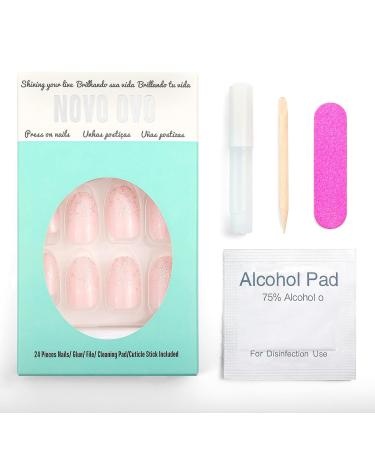 Novo Ovo Short Oval Almond Nude Pink Press-On Nails - Glitter Ombre Chrome Artificial Fingernails for Easy Application - Buy Online on GoSupps.com