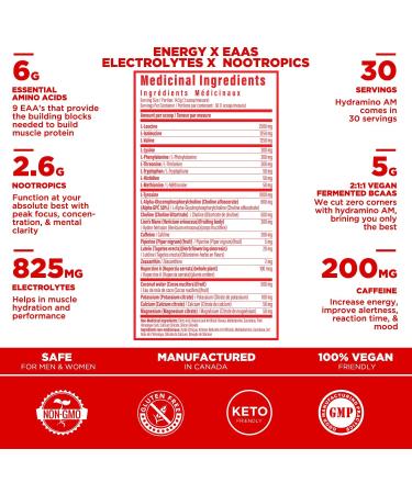 Hydramino AM - EAA + BCAA Amino Energy Powder - Essential Amino Acids with Caffeine Nootropics & Electrolytes | Focus Endless Energy Hydration & Muscle Recovery | Alpha-GPC Tyrosine Lutein Lion s Mane More | Peach Rings 30 servings - Buy Online on GoSupps.com