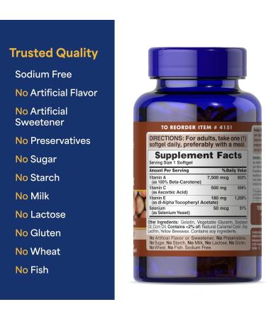Puritan's Pride Premium Super Synergistic Antioxidant Formula Dietary Supplement to Help Fight Premature Aging* Vitamins A C E and Selenium Mineral 3 Month Supply 100 Rapid Release Softgels - Buy Online on GoSupps.com