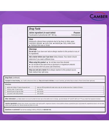 Camber Consumer Care Fexofenadine HCl 180mg 24-Hour Allergy Relief Tablets - 500 ct, Non-Drowsy, Family Size - Buy Online on GoSupps.com