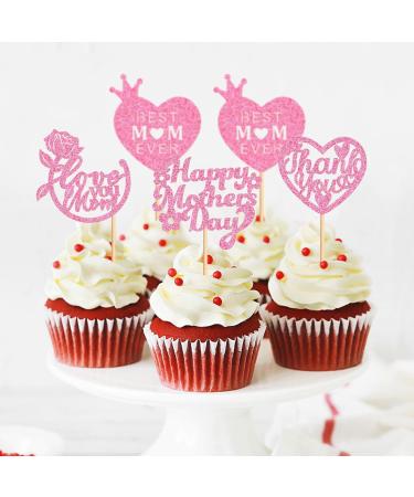 Cyodoos 24 Pcs Happy Mothers Day Cupcake Toppers Glitter Cake Toppers Cupcake Heart Mother Happy Birthday Party Supplies Decorations Pink - Buy Online on GoSupps.com